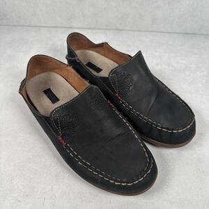 OluKai Shoes Womens Size 8.5 Black Leather Moccasin Flats Slip On Comfort Casual